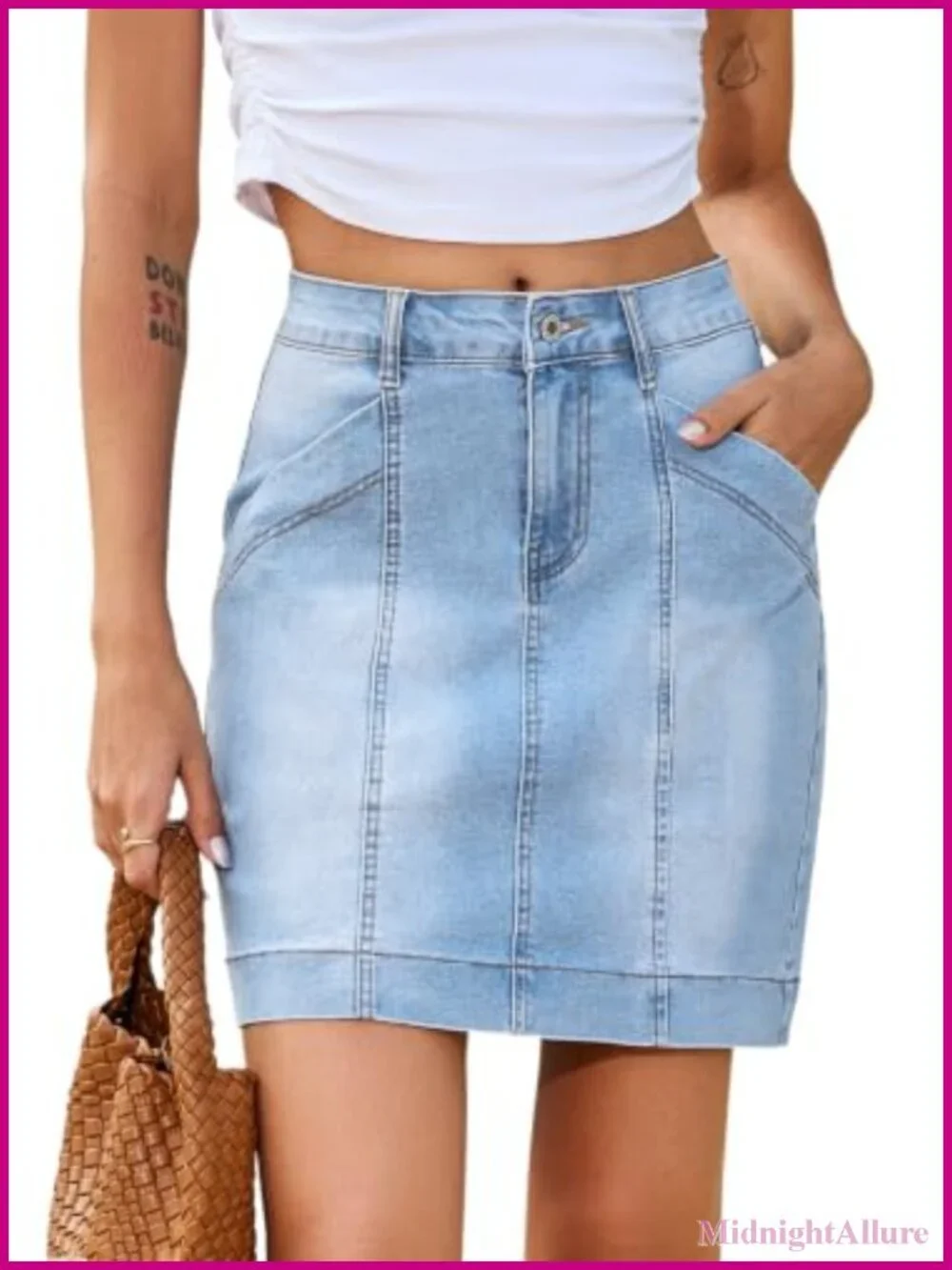 High Waisted Stretch Denim Mini Skirt with Pockets Front Seam Casual
